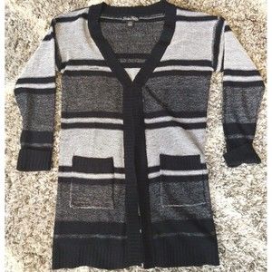 Evelyn Taylor Sweaters Black/Gray Striped Cardigan Medium